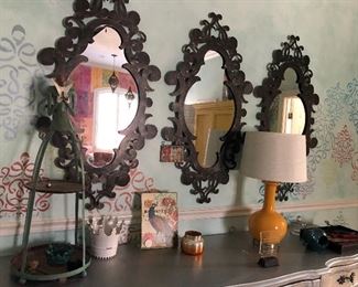 3 sillouette mirrors fun orang lamp and a fabulous iron tiered piece  lookslike Queen Anne