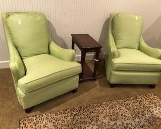 Pair of Fabulous Green Chairs and one of a pair of petite Woodridge tables