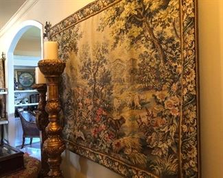 One of a pair of European tapestries  beautiful pastoral scenes   also fabulous set of hand carved candlesticks
