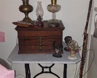 Oil lamps, iron sewing base marble top, old tool chest