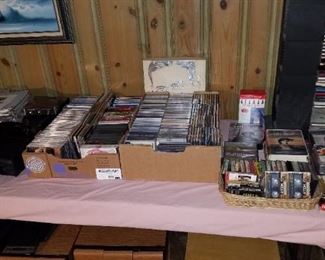 CDs, cassettes, VHS, vinyls, and some DVDs, stereo equipment