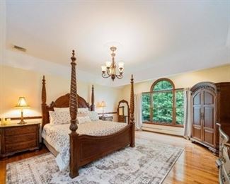 American Drew -Master bedroom-King poster bed, headboard, footboard and rails, 2 marble top night stands, armoire, dresser w/mirror. 