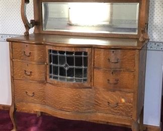 Antique Oak Sideboard/ Server w/ Leaded Glass Door