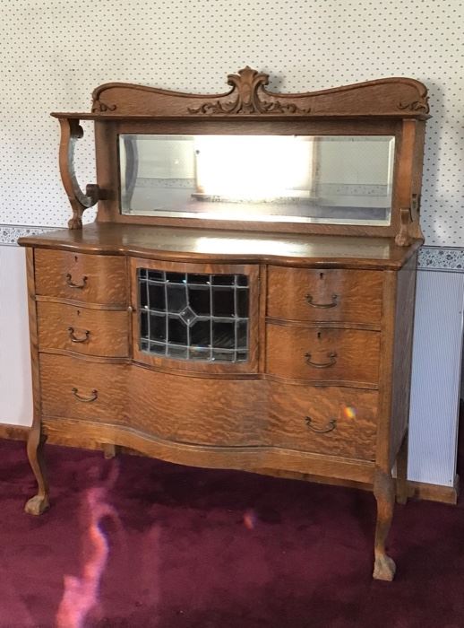 Antique Oak Sideboard/ Server w/ Leaded Glass Door