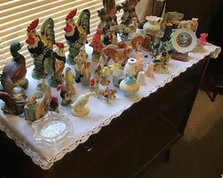 Vintage figures, dogs, chicken, cow, Japanese