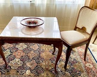 Table with Marble Top and Mid Century Art Glass Bowl + Chair