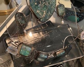 Ancient Roman Chard Glass Silver Necklace + Earrings