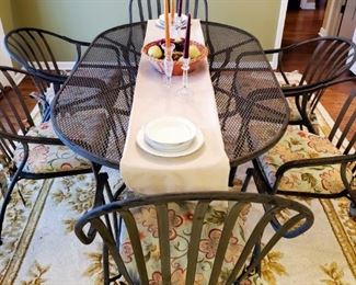 Patio Table, metal, with cushions, seats 6, space for umbrella. Excellent condition