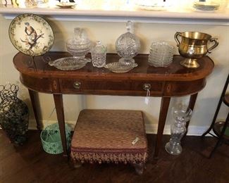 Sofa/entry table, ottoman, pie stand, glassware