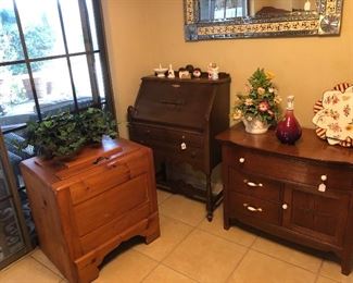 Ice box, drop front secretary, oak chest