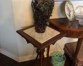 Marble top Eastlake table, wire vase