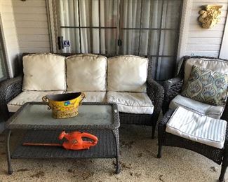 PVC wicker couch & glass-top coffee table set
