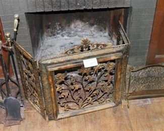 Lot of Ornate Metal Fireplace Items | Screen, Tools, and Standing Storage Rack | Screen - 28" T x 48" W