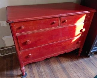4-Drawer Red Wooden Chest | Handpainted | 35" T x 45" W x 23" D