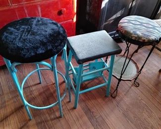 Lot of 3 Stools | 2 Metal and 1 wooden | Black, white and teal | Tallest Stool - 30" T