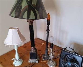 Lot of 4 Table Lamps PLUS a Small Desk Fan | Decorative Electric Lamps | Glass, Metal, and Resin | Tallest Lamp - 37" T