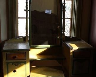 Vintage Painted Vanity | Swivel Mirror & 4 Drawers | Green and Gold | 49" Wide x 19" Deep