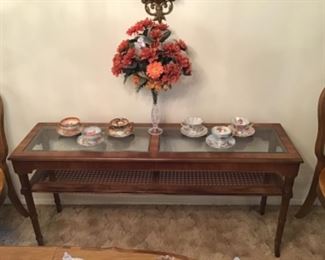 Console Table w/ Caned Shelf , Decorative Cup and Saucers