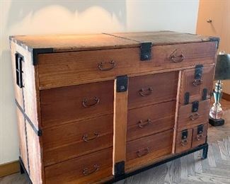 LOT #102 - $2,500 - Antique / Vintage Asian Japanese Tansu Chest with Iron Banding, Base & Hardware (approx. 48" L x 20" W x 36" H) 
