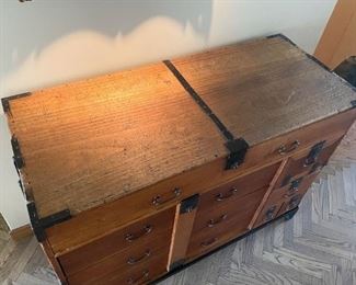 LOT #102 - $2,500 - Antique / Vintage Asian Japanese Tansu Chest with Iron Banding, Base & Hardware (approx. 48" L x 20" W x 36" H) 
