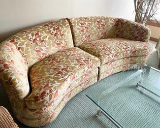 LOT #103 - $600 - Beautiful Curved Sofa with Flocked Upholstery, Leaves Motif (approx. 95" L)
