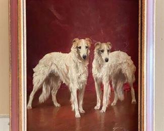 LOT #112 - $2,500 - Framed Artwork / Painting, 2 Dogs and Pearl Necklace, Signed Arthur Wardle (approx. 20.25" L x 24.25" H including frame)