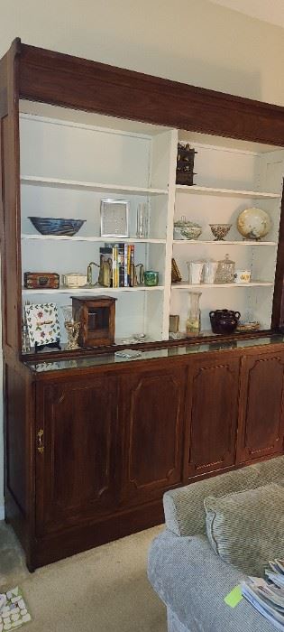 Old Oak Drugstore Cabinet with top sliding doors. 8' tall, 6' wide