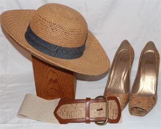 Lot 32 Rag & Bone Straw Hat, Stuart Weitzman Cork Heels (Size 8) and Belt