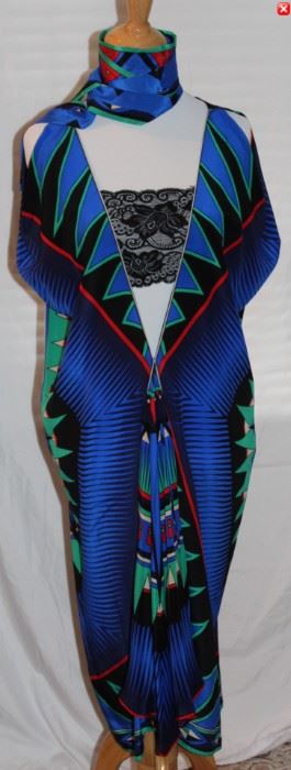 Lot 63 Gottex Silk Multi-Colored Geometric Print Coverup with Belt and Lace Bandeau