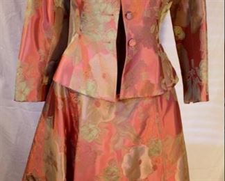 Lot 66 Paule Vasseur Pink and Green Silk Blend Damask Jacket and Strapless Dress, Size 38