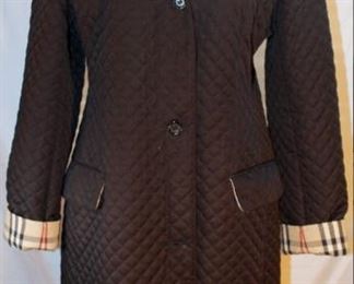 Lot 5 Burberry London Black Quilted Knee Length Coat with Burberry Plaid Lining and Trim, Size 6