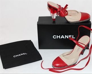 Lot 85 Chanel Red and Tan Leather Ankle Tie with Lucite Heel and Shoe Bag, Size 38.5