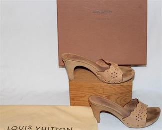 Lot 94 Louis Vuitton Wooden Heel and Sole with Perforated Leather Sandal, with Box and Shoe Bag, Size 38.5
