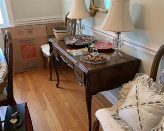 Glass lamps, pair of sconces and carved wood painted mirror