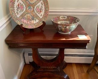 Large Chinese platter  16.5” diameter,                     Chinese bowl - 12” diameter                                                                        On Mahogany harp pedestal hinged game table 33.5”w