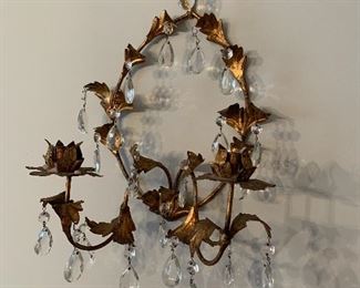 Gold metal & crystal tear drop candle sconces. Two available. 