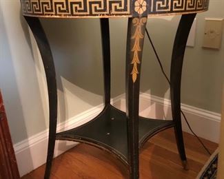 Antique side table 20” diameter with glass top & lower shelf 