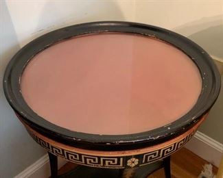 Antique side table with glass top & lower shelf 20” diameter 