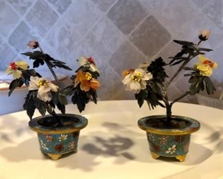 Two mini cloisonné bonsai planters w/ semi precious stones
