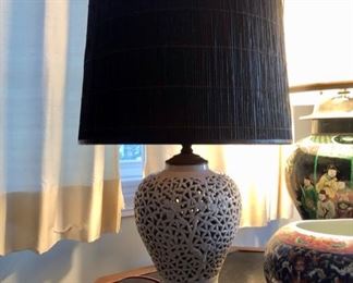 Vintage blanc de chine  reticulated cherry blossom ginger jar shape lamp w/ bamboo shade 26” 