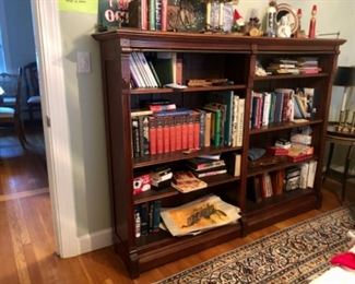 Mahogany 6 shelf bookcase carved,  brass rod 73”