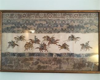 Silk hand painted scene of warriors on horseback , 29”x 18”