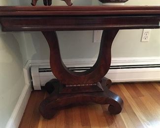 Mahogany harp pedestal hinged game table 33.5”w