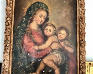 18th - 19th century Latin American oil painting w/ hand carved wood frame.