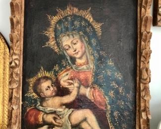 18th - 19th century Latin American oil w/ hand carved wood frame 