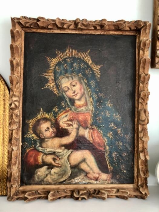 18th - 19th century Latin American oil w/ hand carved wood frame 