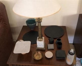 Clay ware, custom coasters vintage side table, fancy mid century lamp
