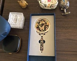 Beautiful Korean hand mirror, mid century cigarette mini ashtrays