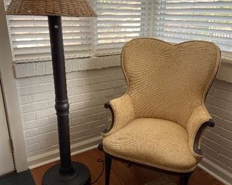 Second heart-shaped back arm chair.  Large lamp also designed for use outdoors.