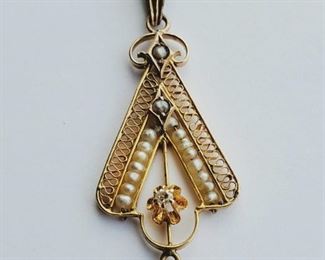 Antique 14k gold filigree pendant with old mine cut diamond and pearls on 10k gold chain